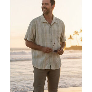 Tommy Bahama 100% Silk Shirt Mens L Beige Plaid Camp button up Beach Vacation